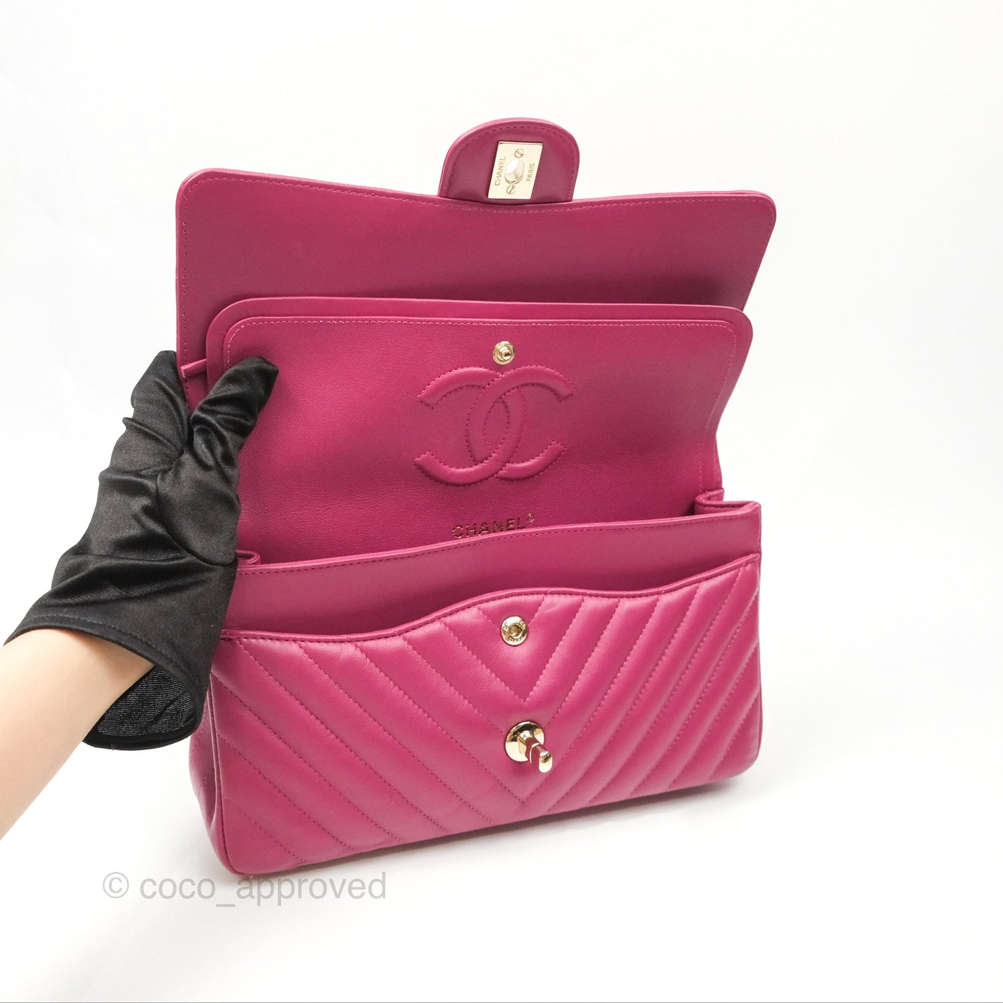 Chanel Medium Classic Flap Chevron Dark Plum Pink Lambskin Gold Hardware