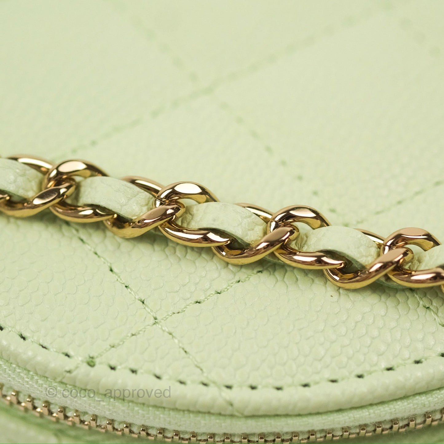 Chanel Mini Round Vanity Bag Handle With Care Light Green Caviar 22C