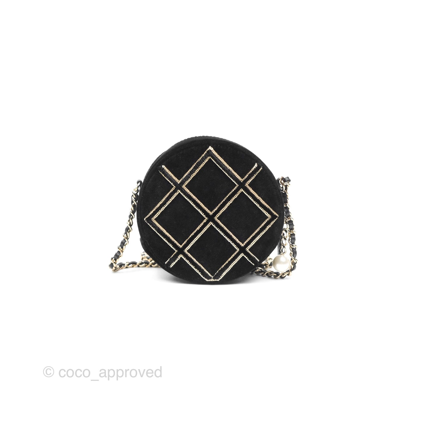 Chanel Quilted Round Clutch With Chain Black Velvet Gold Hardware