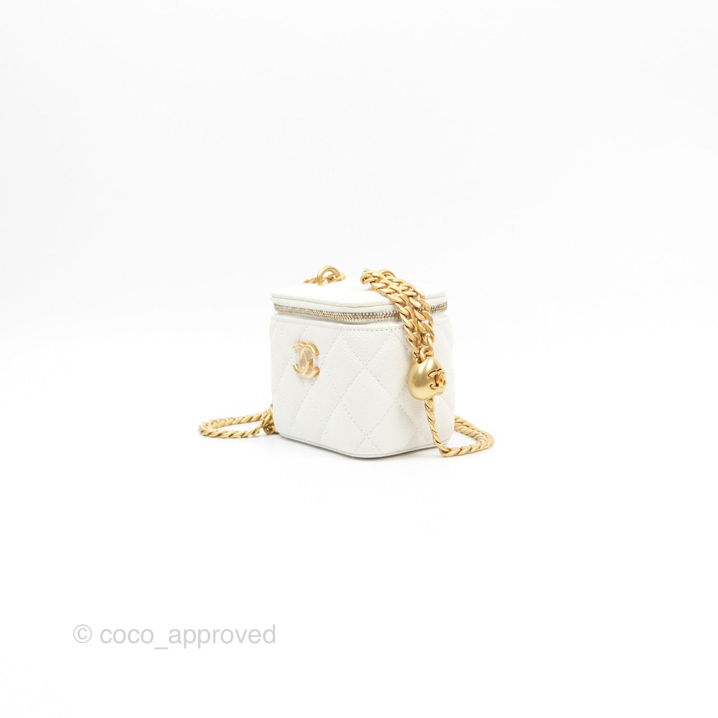 Chanel Quilted Heart Crush Mini Vanity With Chain White Caviar Aged Gold Hardware