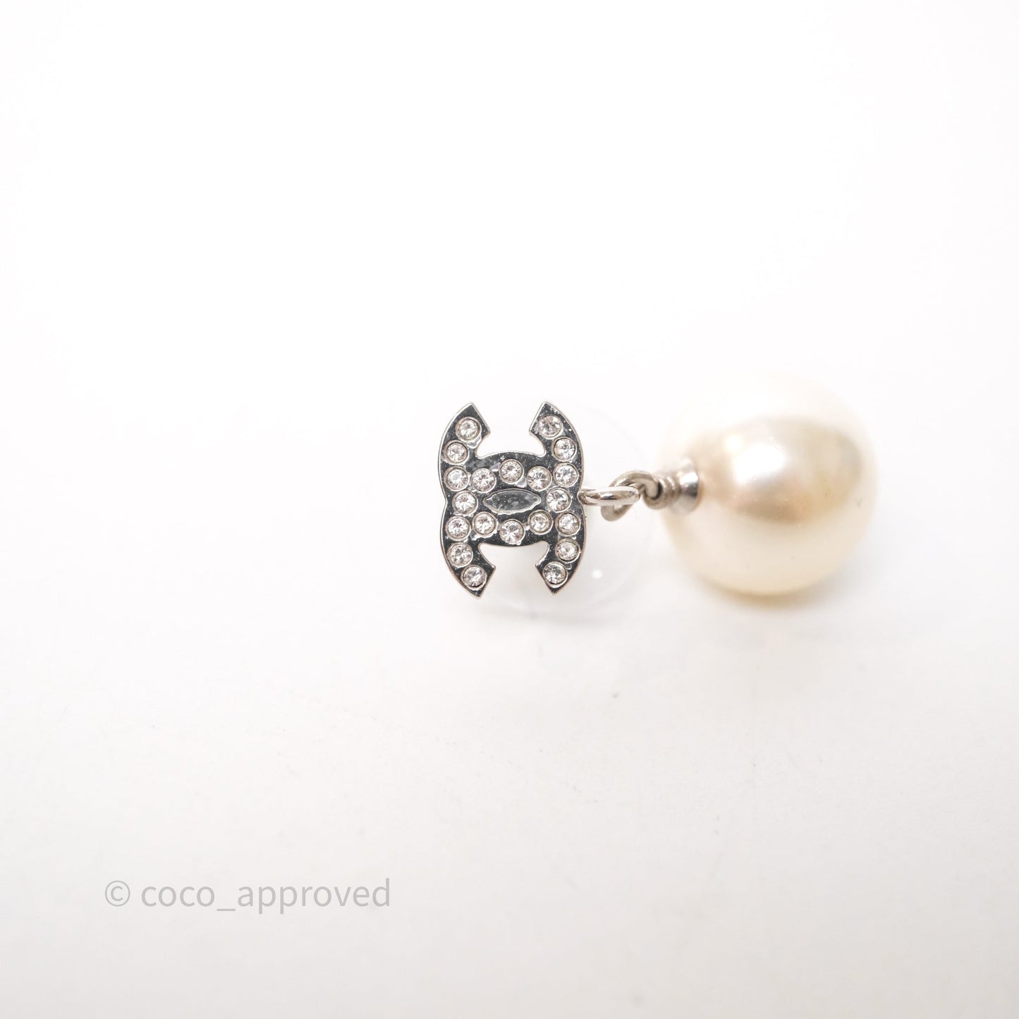 Chanel CC Crystal Pearl Drop Earrings Silver Tone 21V