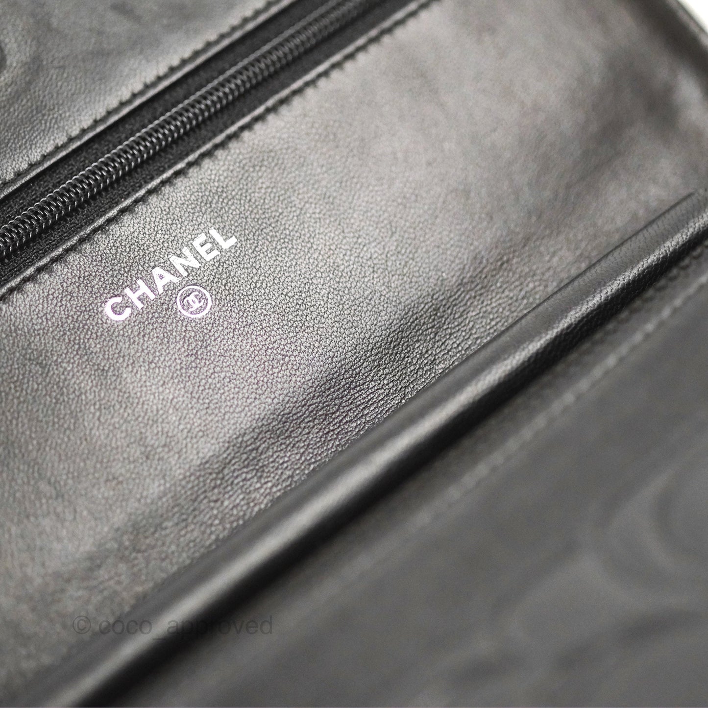 Chanel Camellia Embossed Wallet on Chain WOC Black Lambskin Silver Hardware