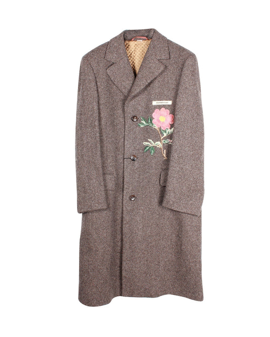 Luxury Gucci Trending 2025 Floral Embroidered Checked Coat in Brown Wool