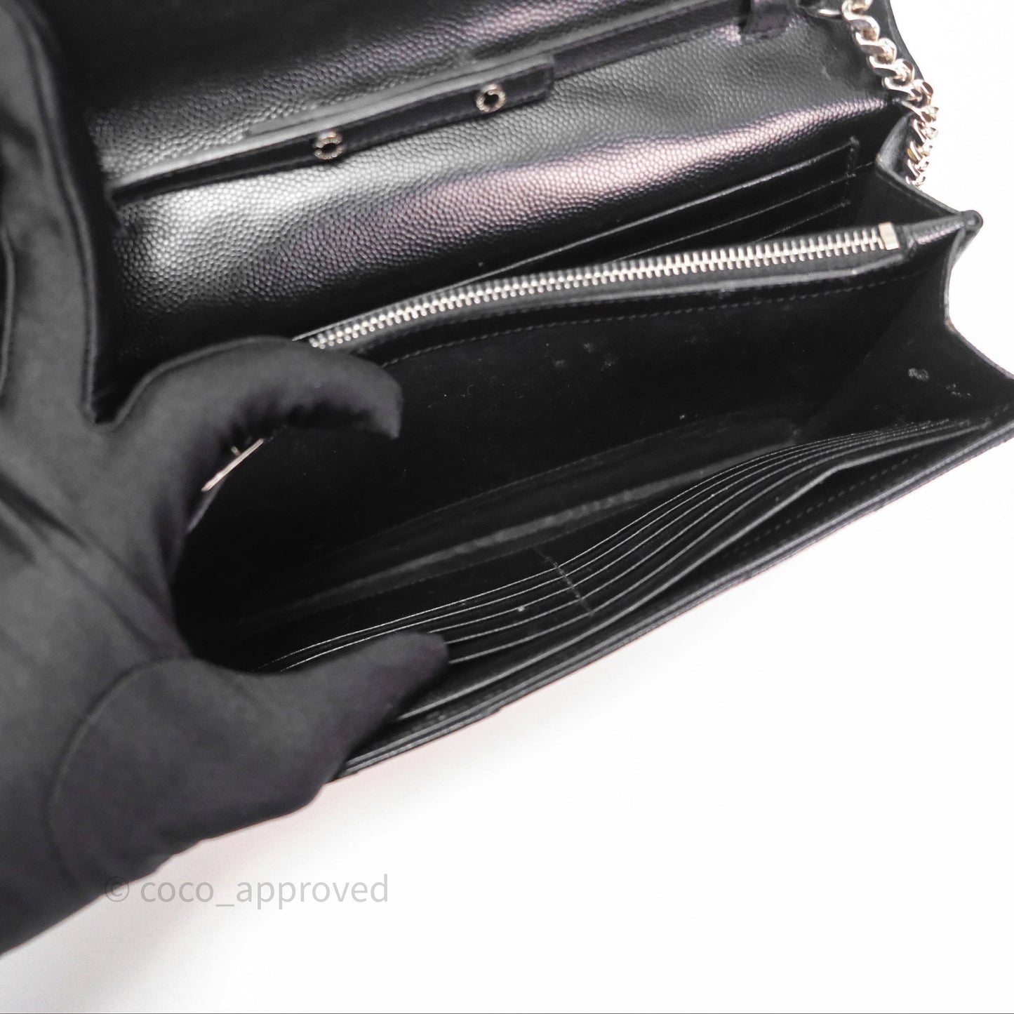 Saint Laurent Wallet on Chain WOC Black Grained Leather Sliver Hardware