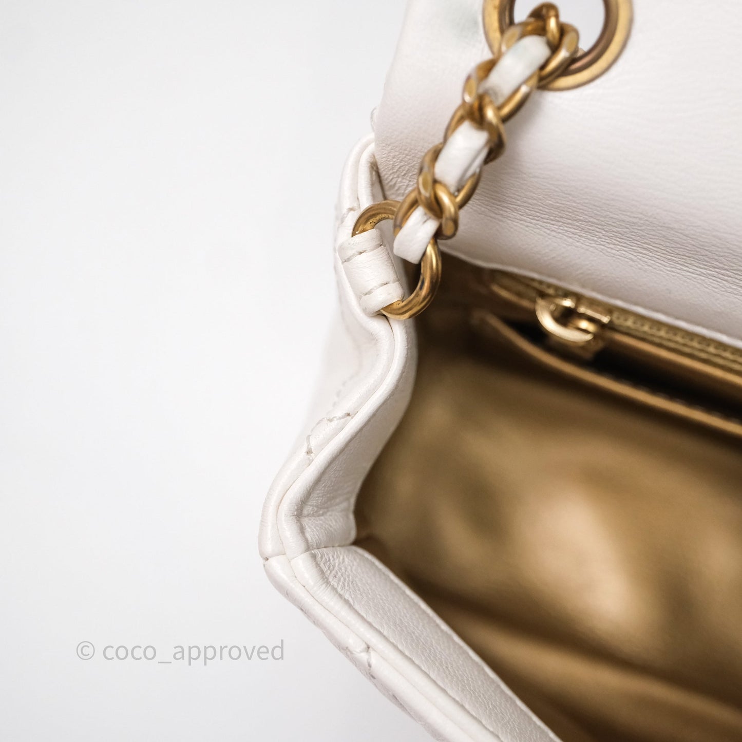 Chanel Mini Rectangular Pearl Crush Quilted White Lambskin Aged Gold Hardware
