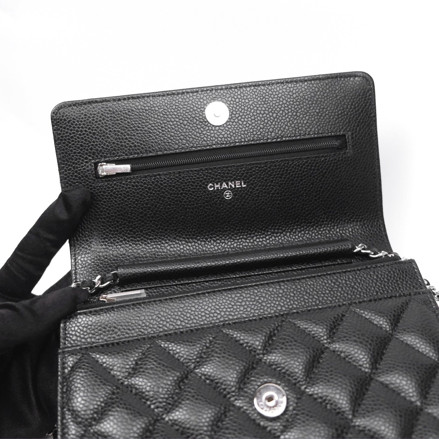 Chanel Classic Wallet On Chain WOC Quilted Black Caviar Silver Hardware