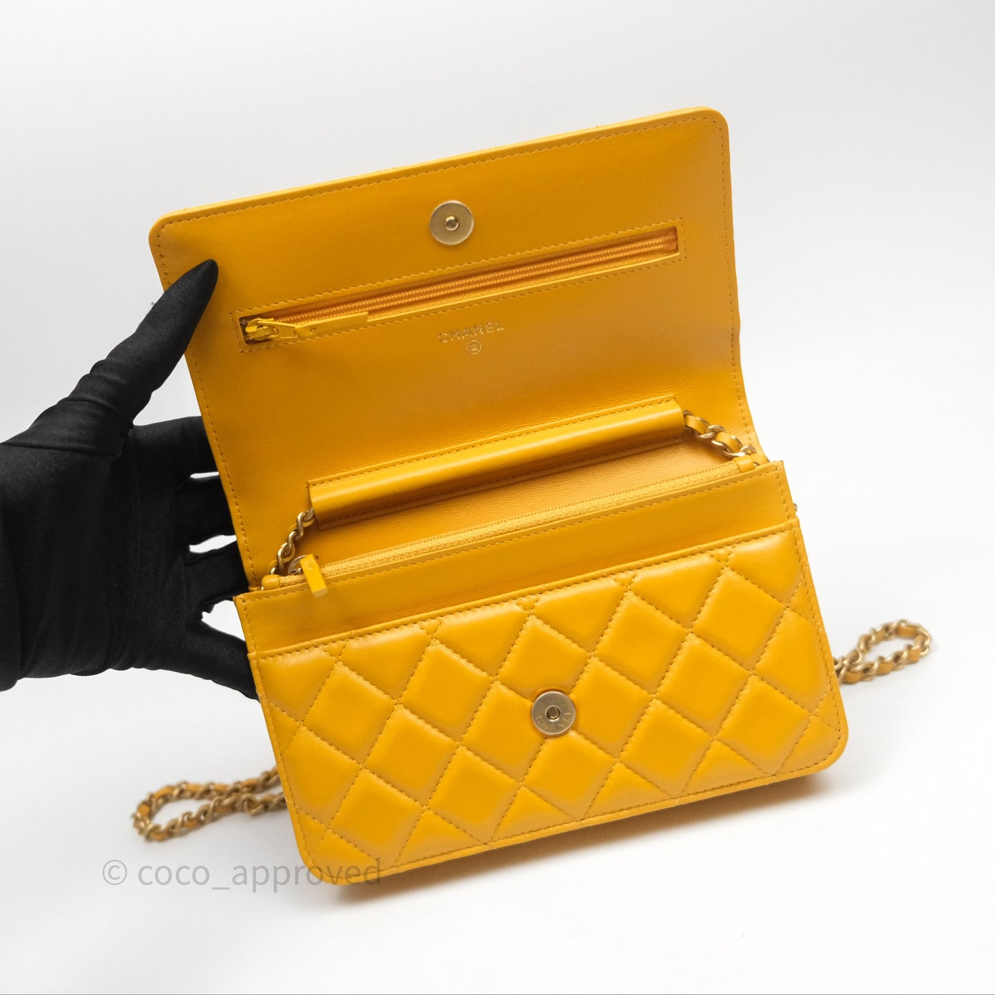 Chanel Quilted Classic Chain Around WOC Yellow Lambskin Aged Gold Hardware