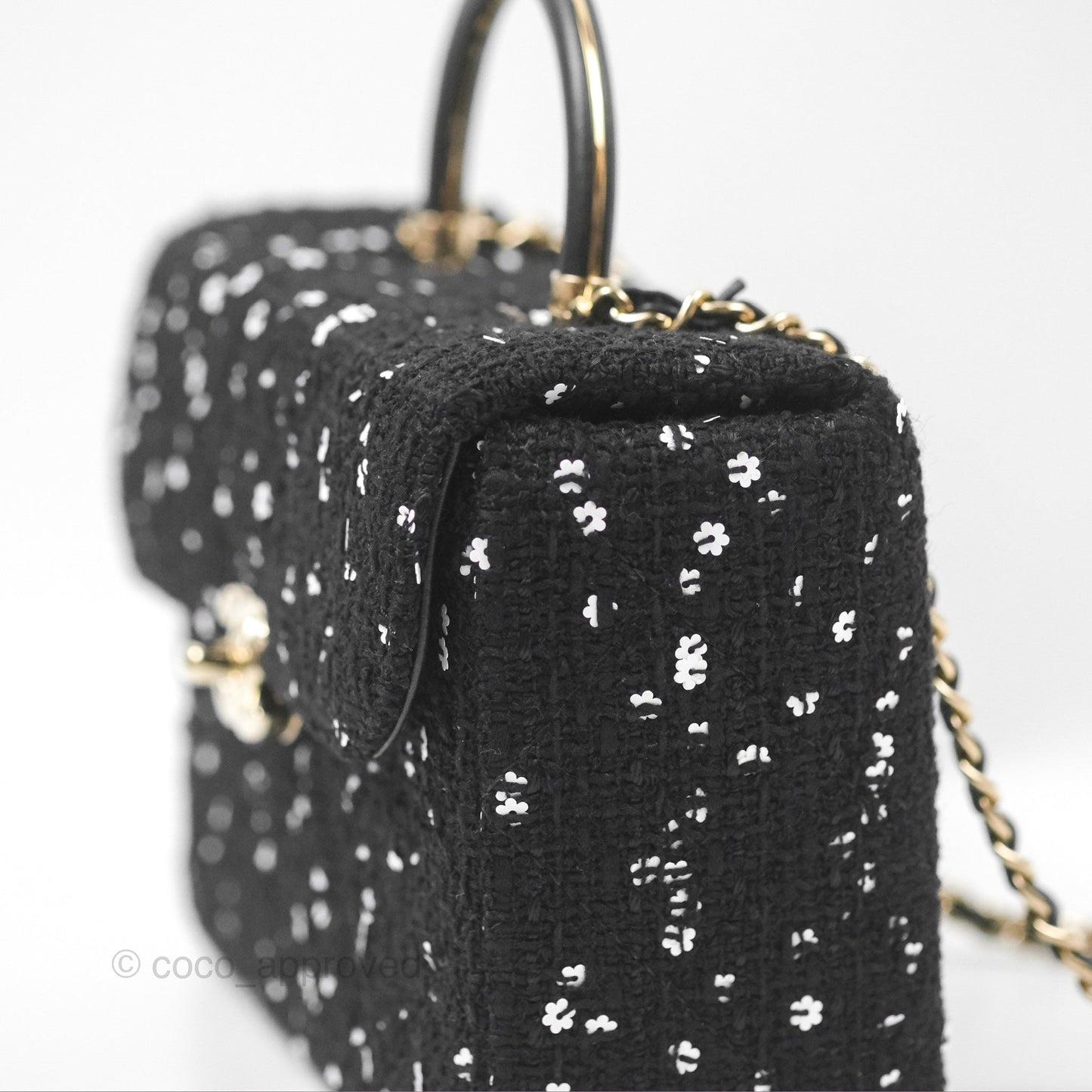 Chanel Small Top Handle Box Bag Black Tweed Sequins Gold Hardware 23K
