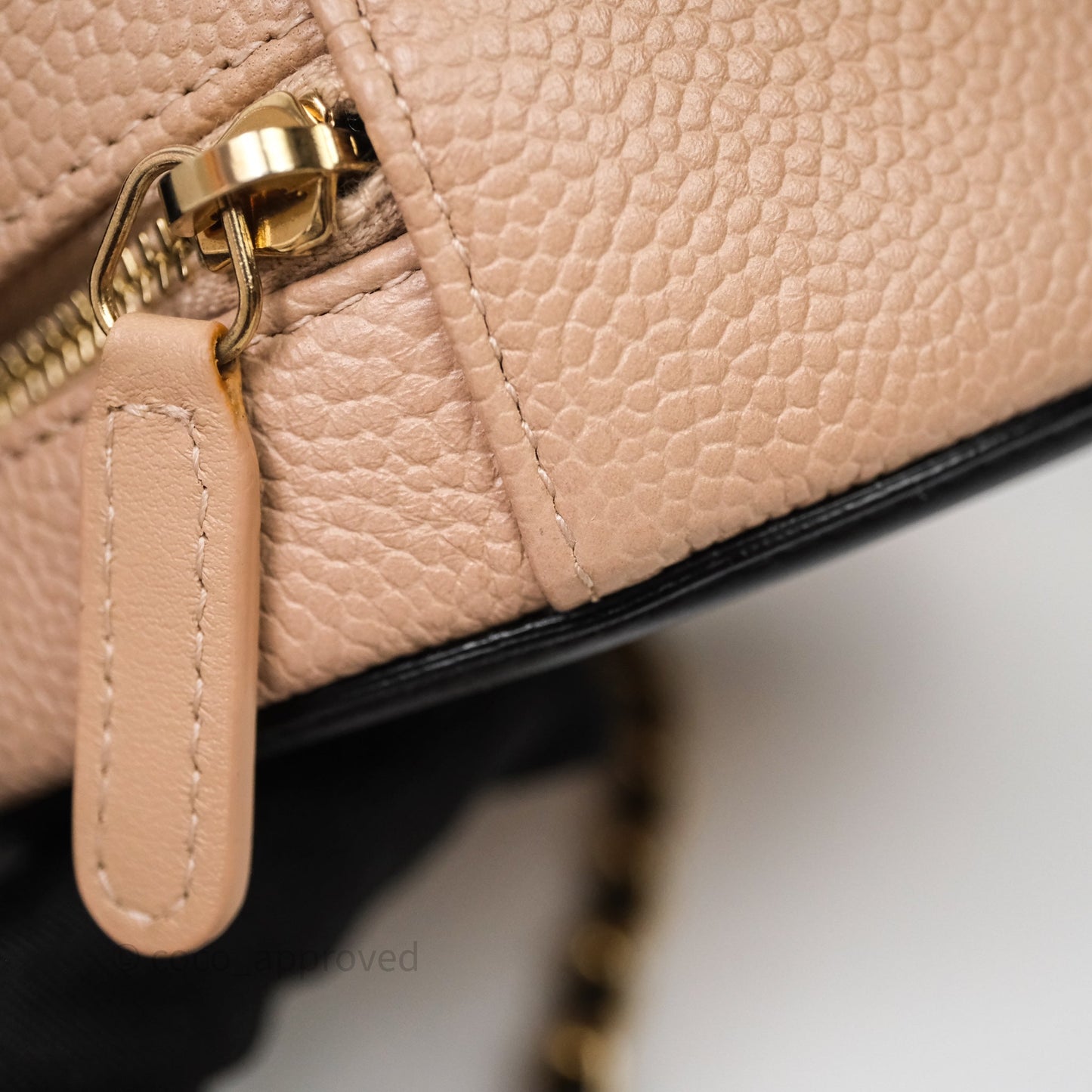 Chanel Quilted Round Filigree Clutch With Chain Beige/ Black Caviar Aged Gold Hardware