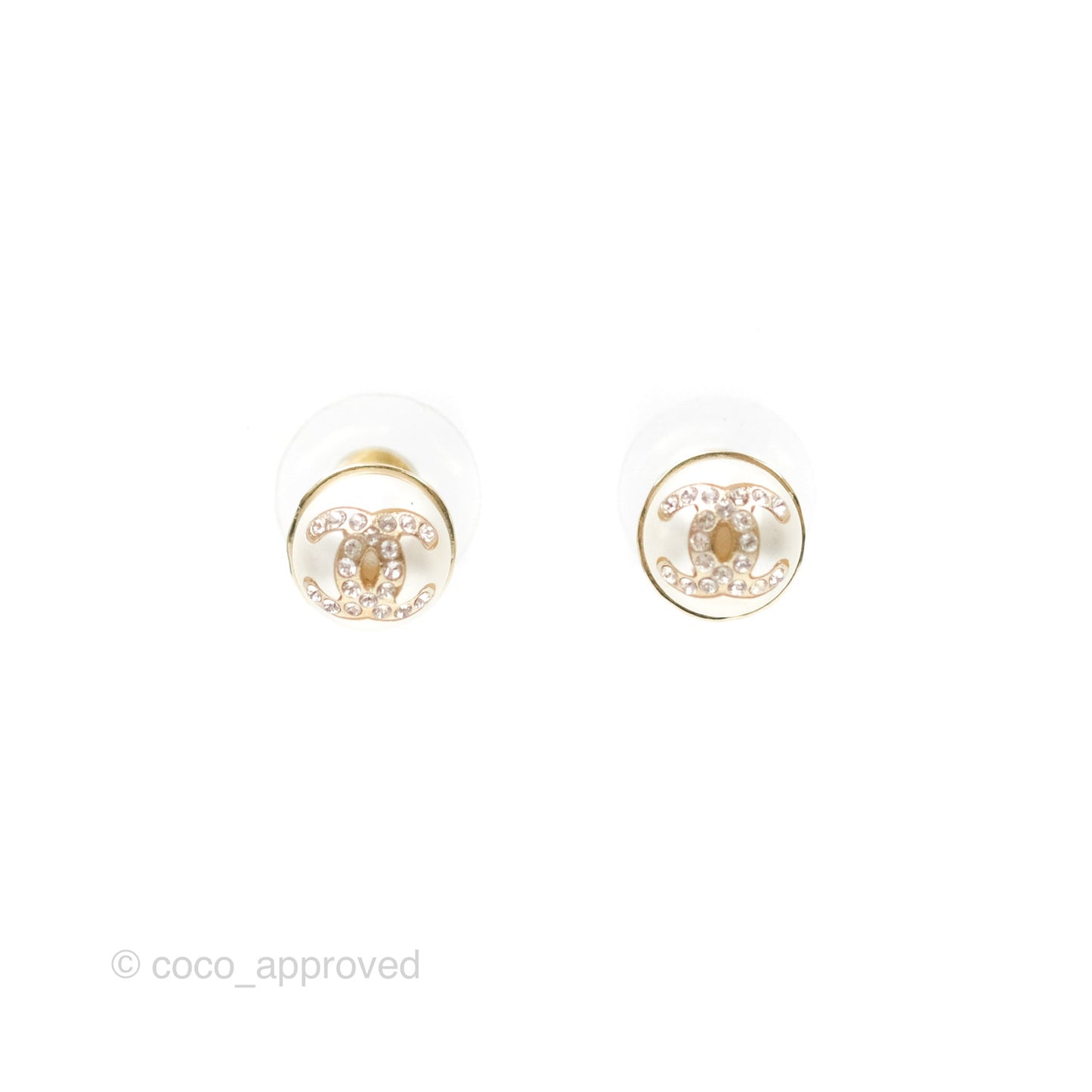 Chanel Pearl CC Logo CHA-NEL Crystal Earrings Gold Tone 21A