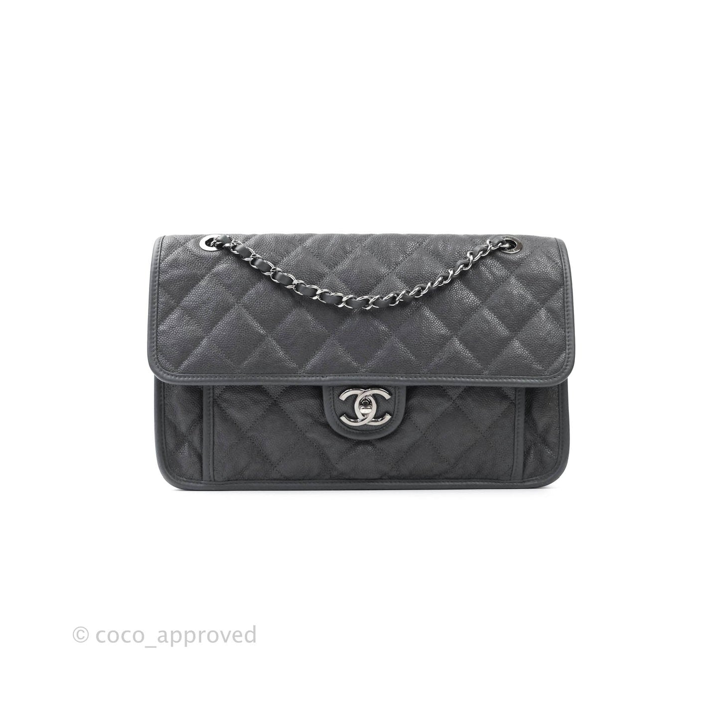 Chanel French Riviera Quilted Large Flap Bag Caviar Grey Silver Hardware