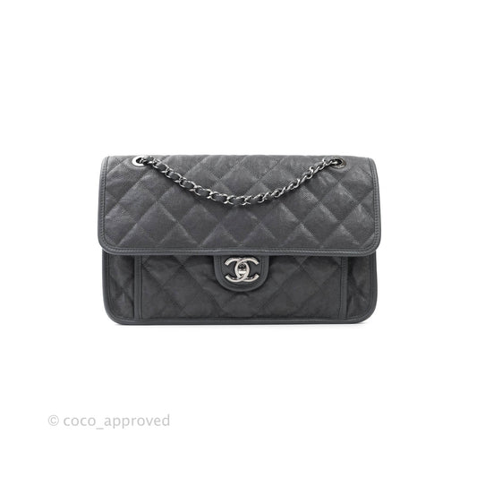 Chanel French Riviera Quilted Large Flap Bag Caviar Grey Silver Hardware