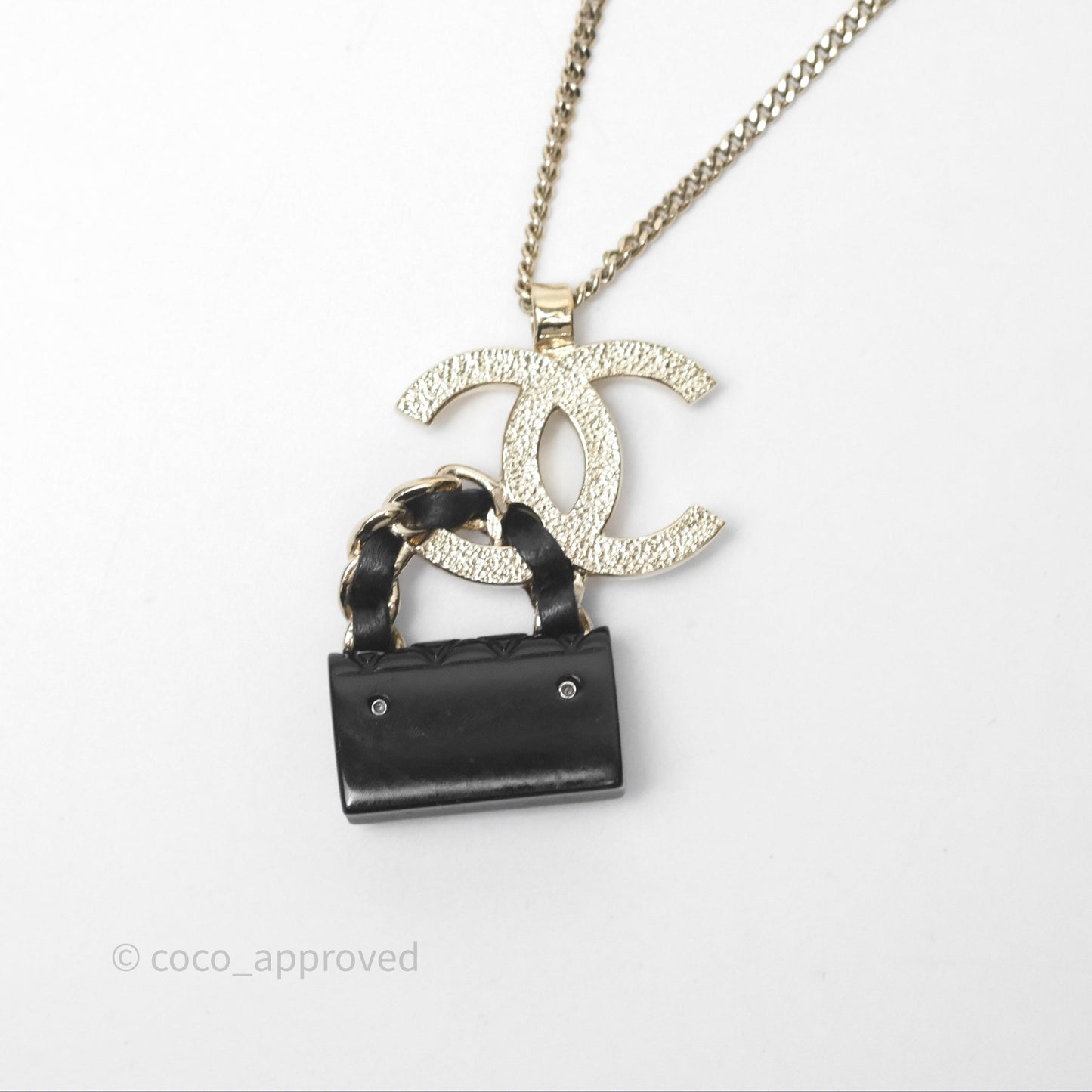 Chanel CC Black Flap Bag Pendant Necklace Gold Tone