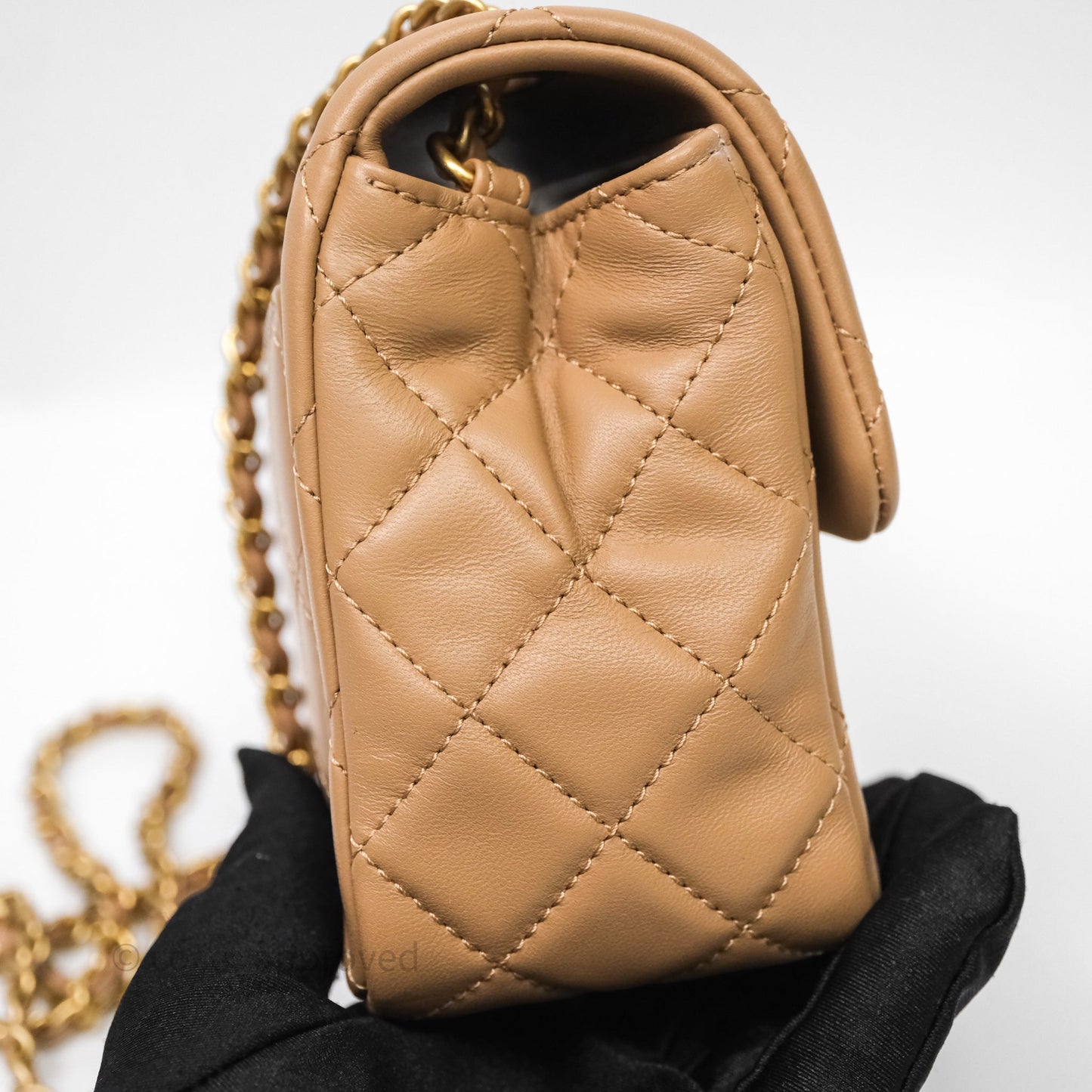 Chanel Pearl Crush Mini Square Quilted Beige Lambskin Aged Gold Hardware