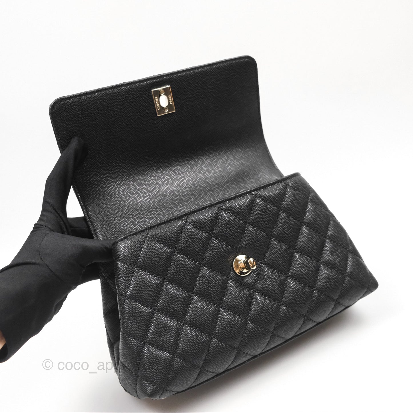 Chanel Small Coco Handle Quilted Black Caviar Gold Hardware Embossed Lizard Handle