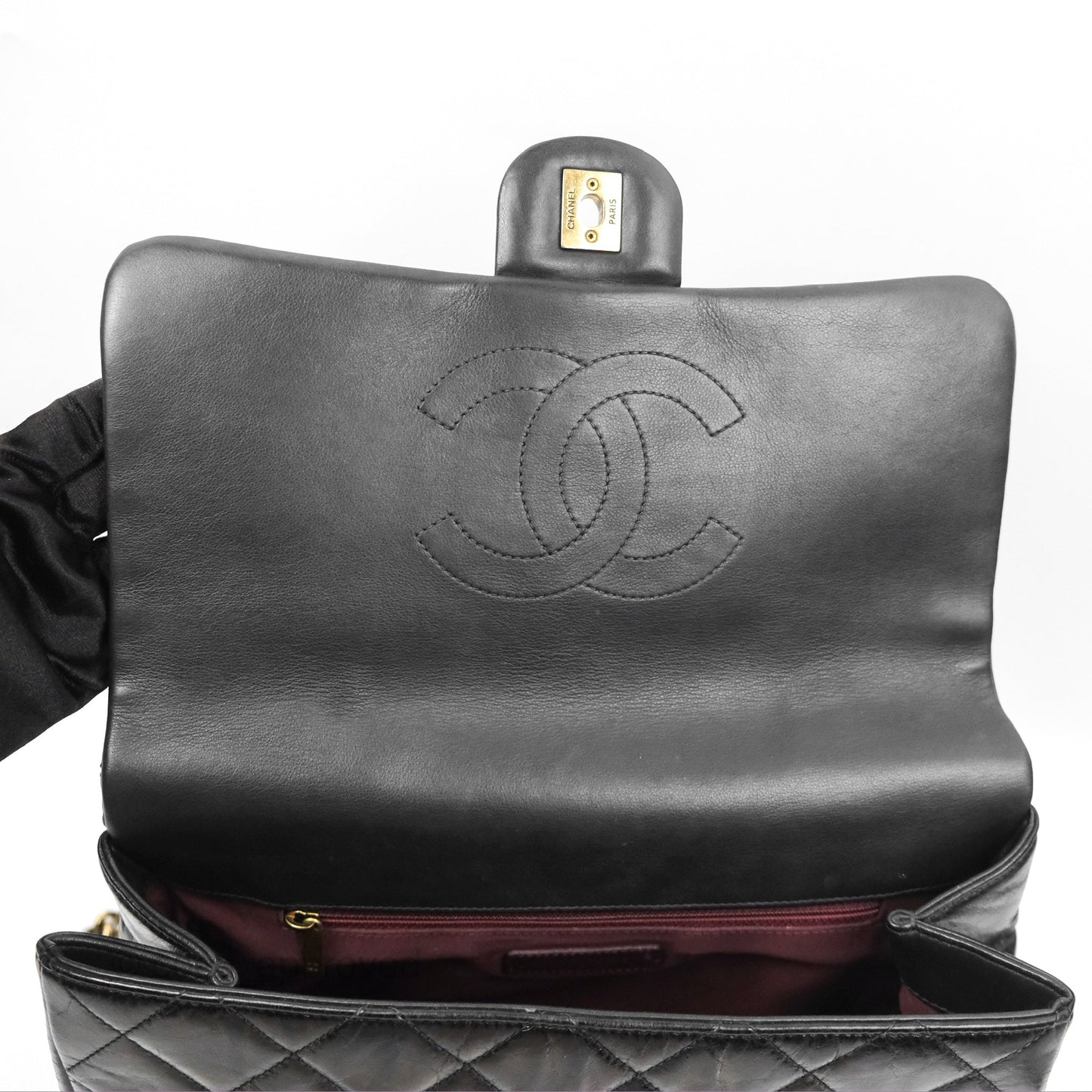 Chanel Gold Bar Top Handle Shoulder Bag Black Glazed Aged Calfskin Aged Gold Hardware
