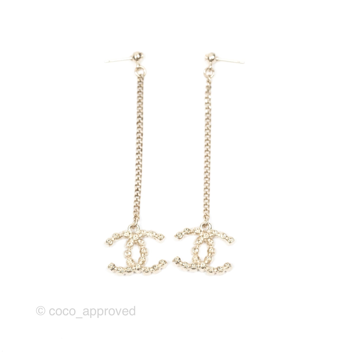 Chanel Crystal CC Long Drop Earrings Gold Tone 19A