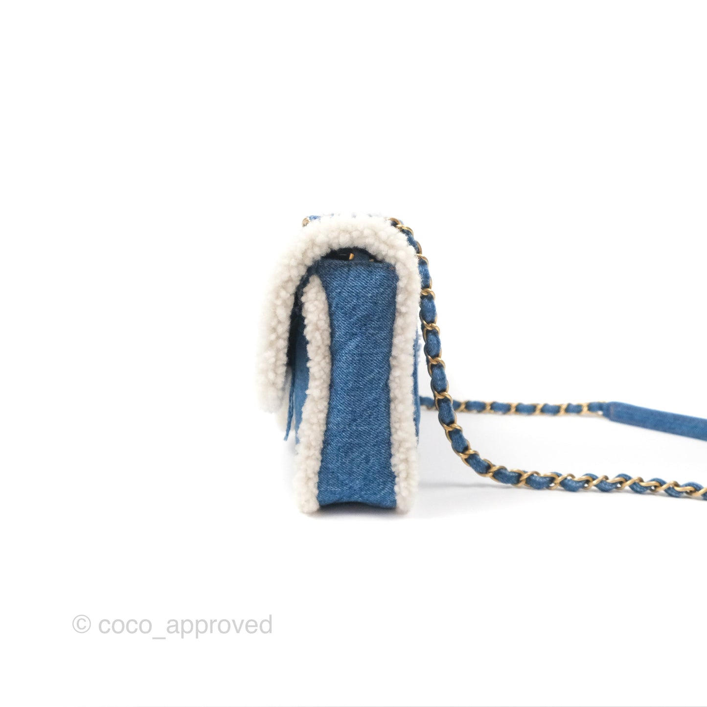 Chanel Medium Denim Shearling Hieroglyph Flap Bag Aged Gold Hardware