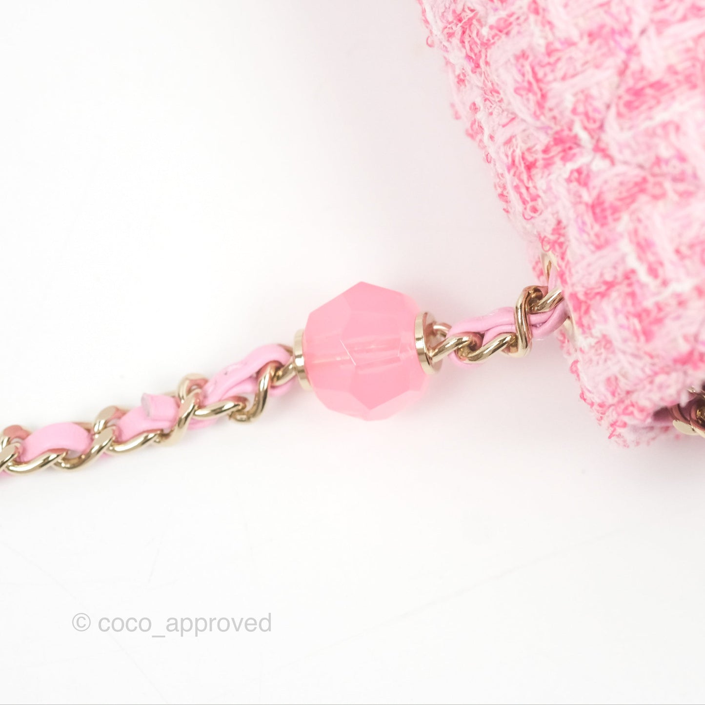 Chanel Flap Bag with Heart Resin Charm Chain Pink Tweed Gold Hardware