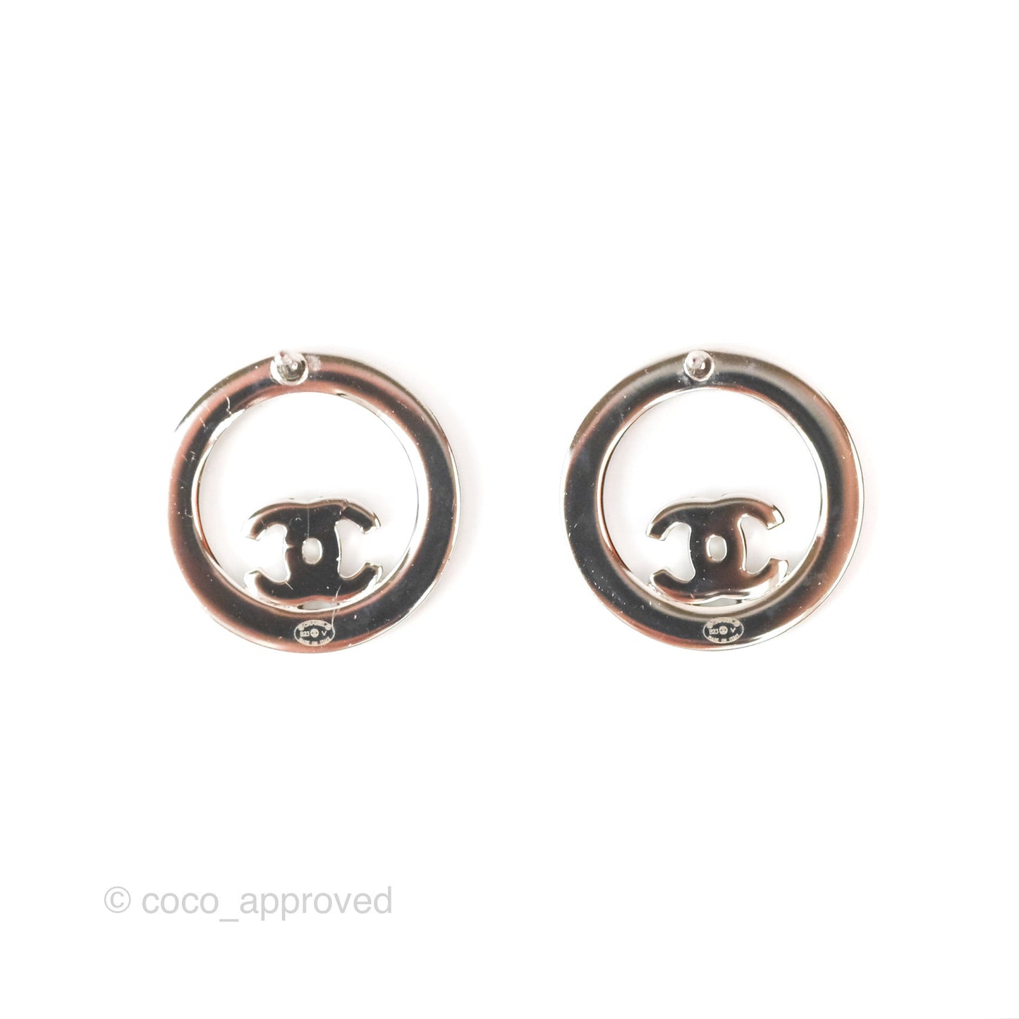 Chanel Crystal CC Round Earrings Silver Tone 23V