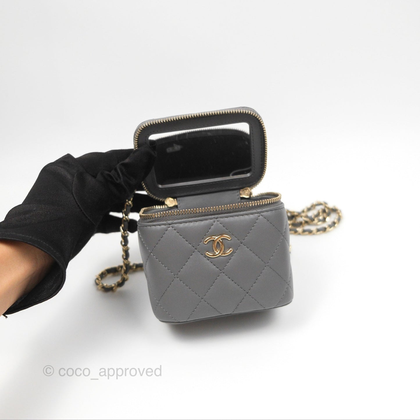 Chanel Mini Top Handle Vanity With Chain Grey Lambskin Gold Hardware