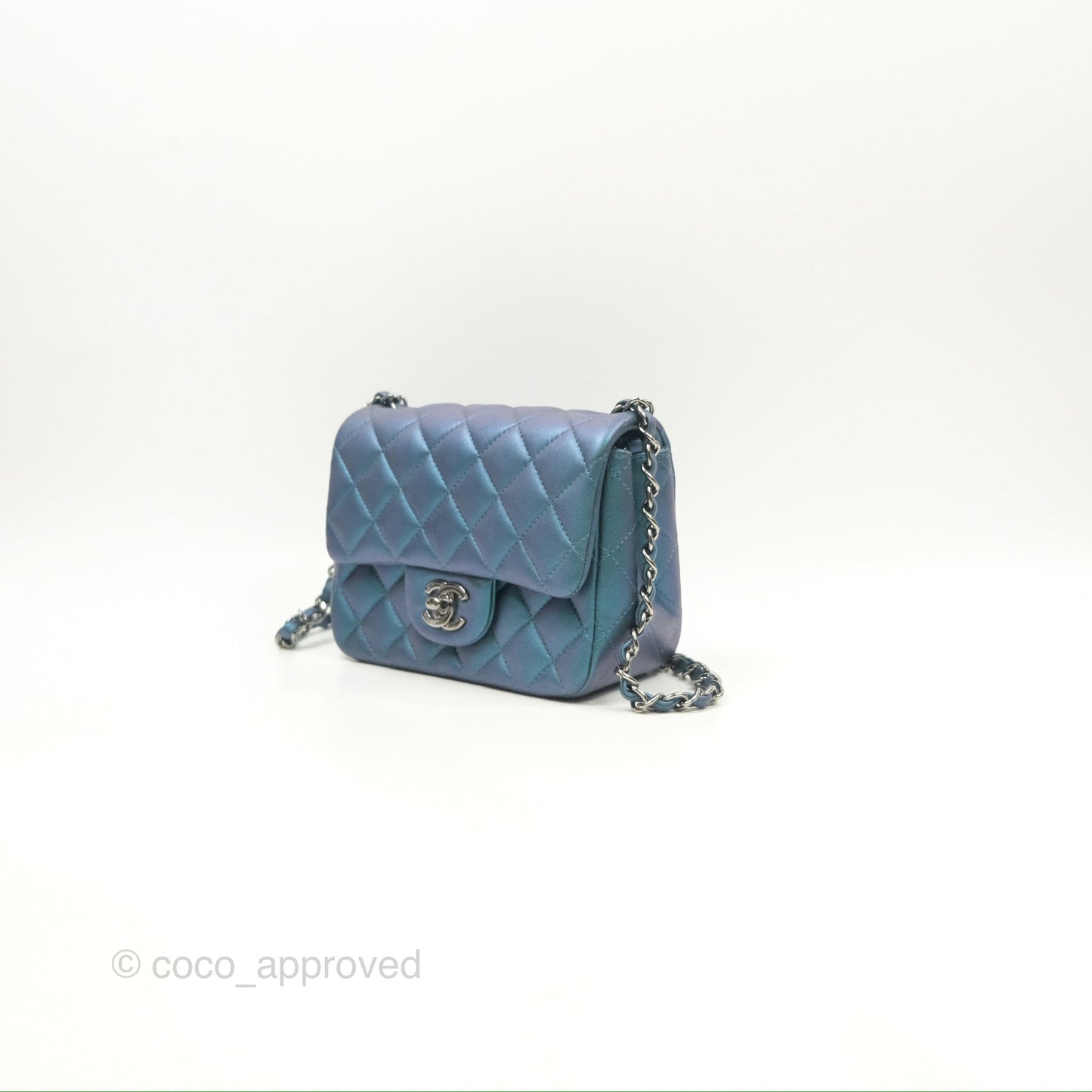 Chanel Mini Square Flap Quilted Iridescent Teal Lambskin Gun Metal