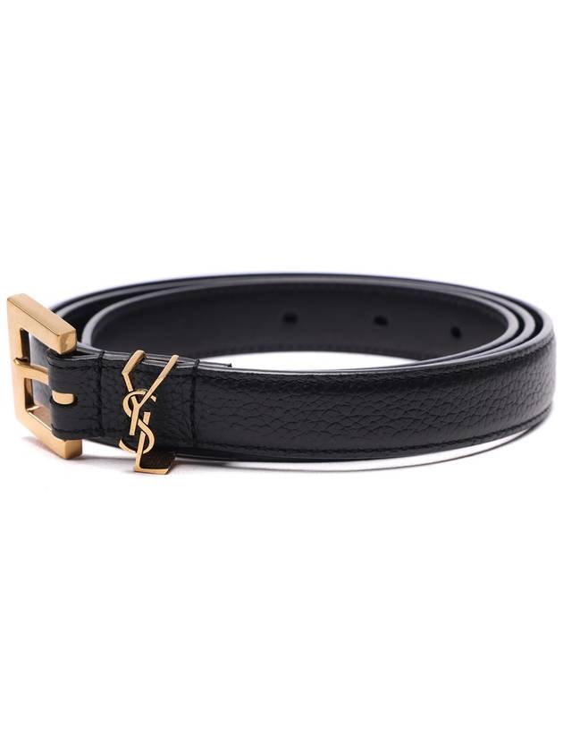 Luxury Saint Laurent Cassandre Grained Leather Square Buckle Thin Belt Black