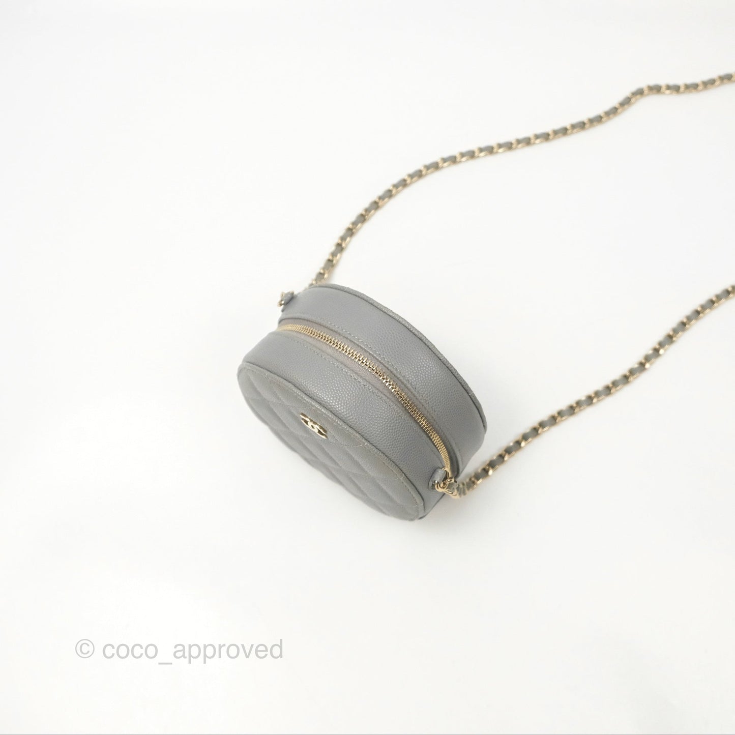 Chanel Classic Quilted Round Clutch With Chain Grey Caviar Gold Hardware