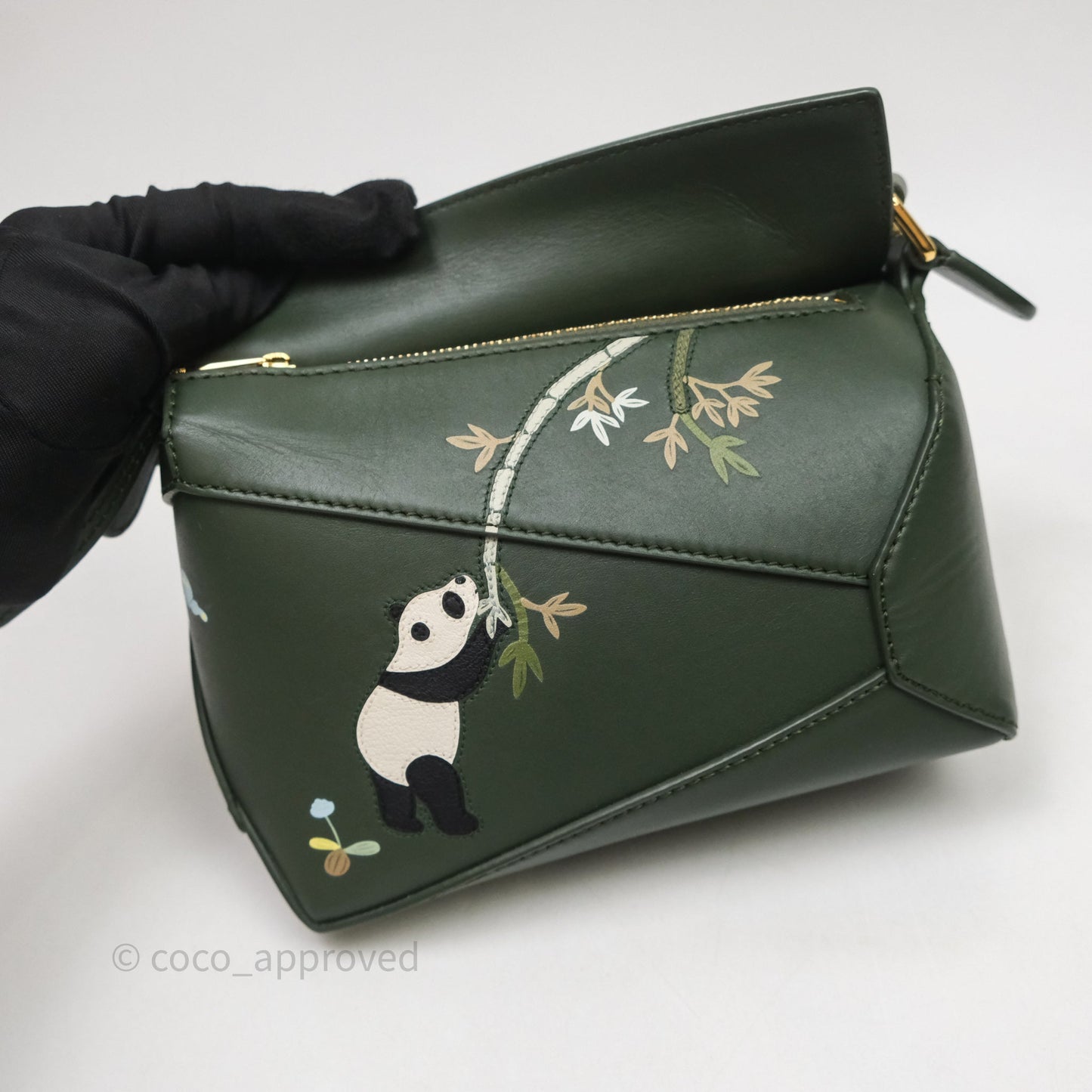 Loewe X SUNA FUJITA Mini Pandas Puzzle Bag Dark Green Calfskin Gold Hardware