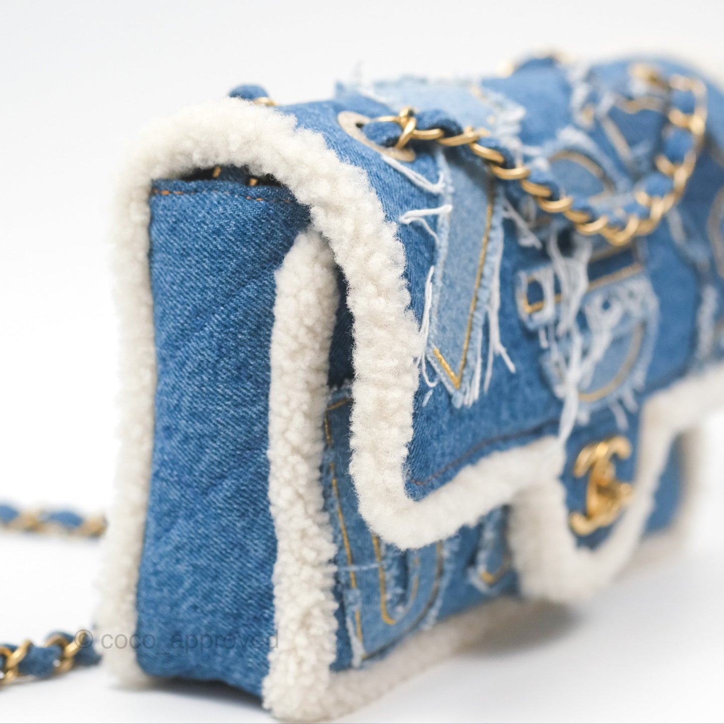 Chanel Medium Denim Shearling Hieroglyph Flap Bag Aged Gold Hardware