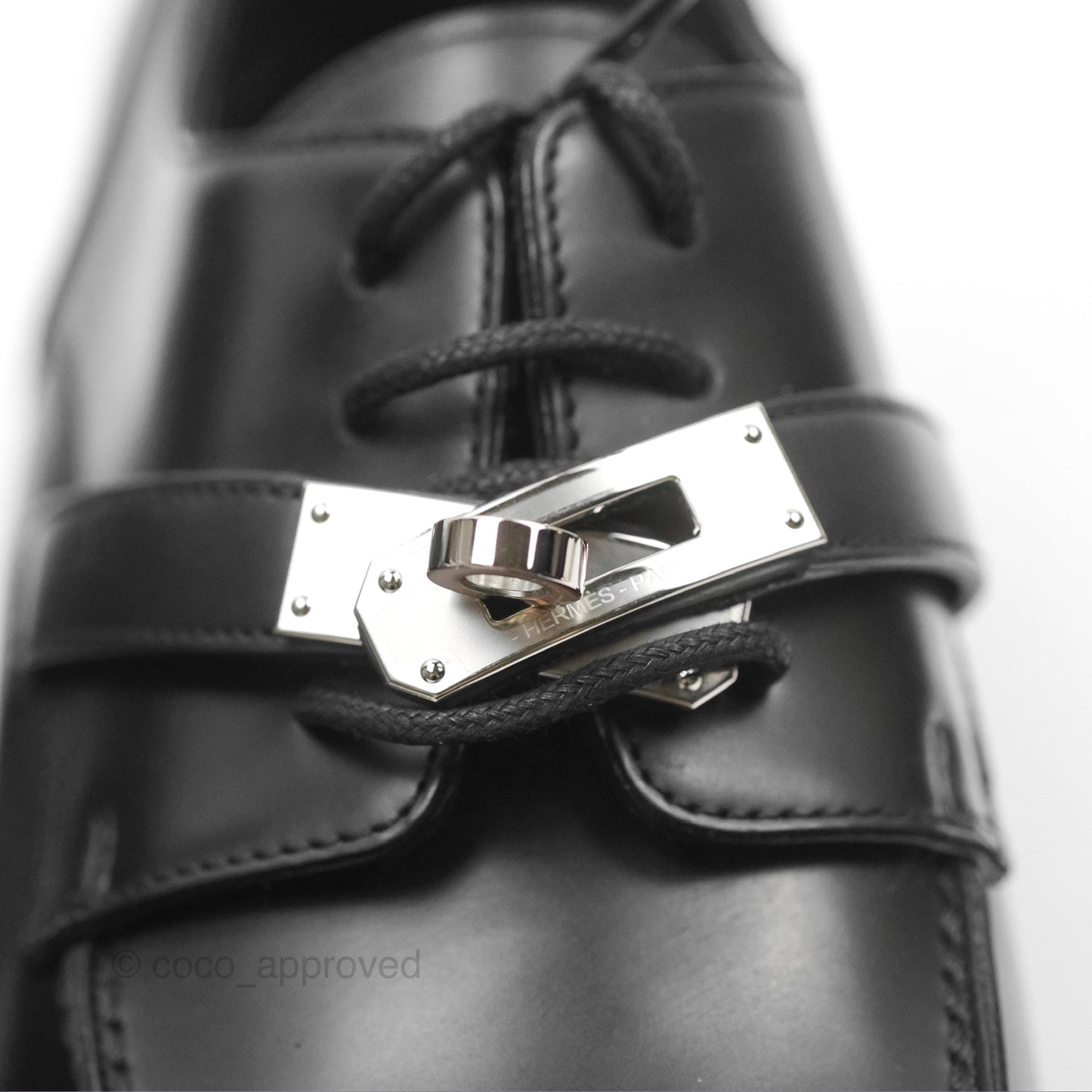 Hermes First Derby Shoe Black Glazed Calfskin Palladium Hardware