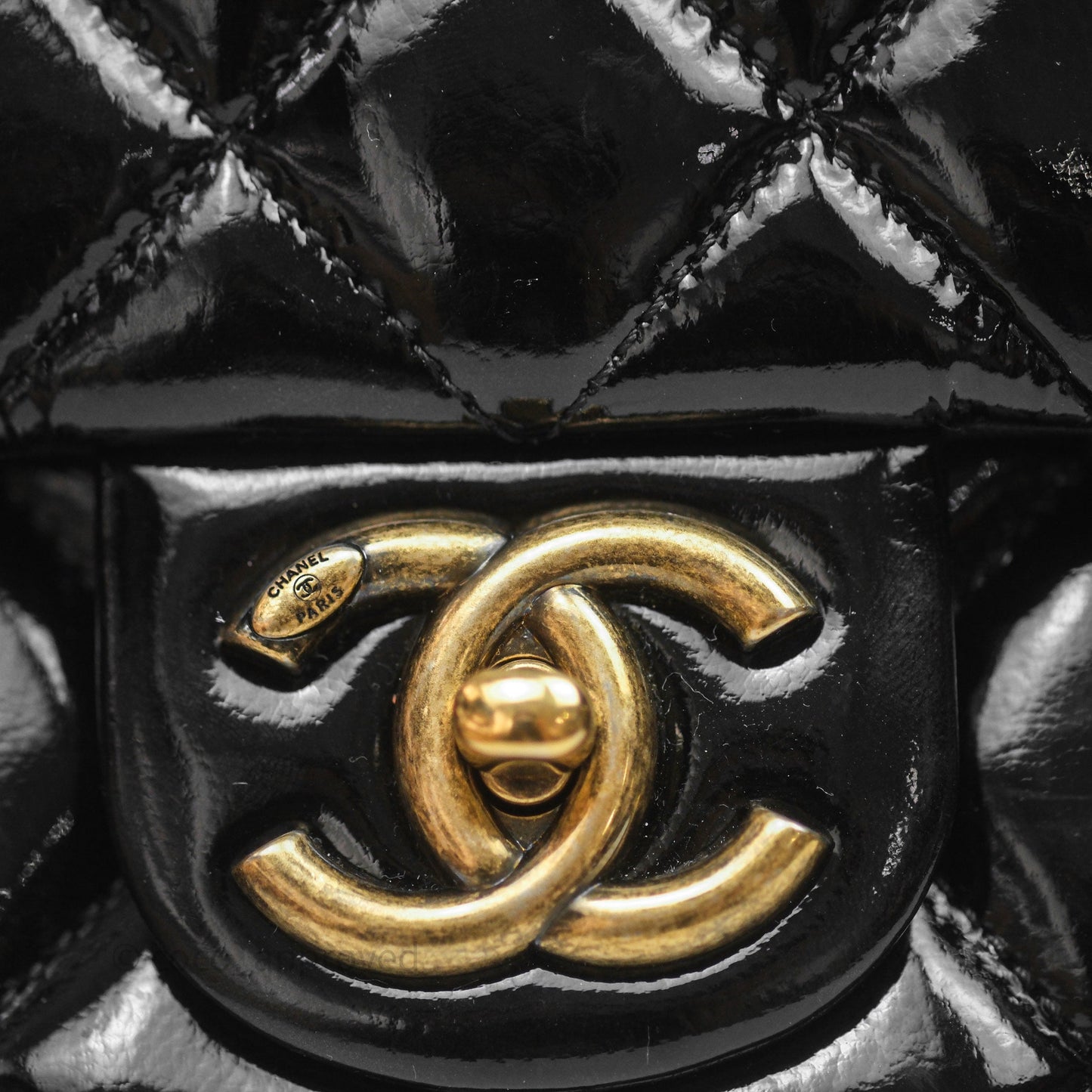 Chanel Quilted Medium Eyelet Flap Bag Black Patent Aged Gold Hardware