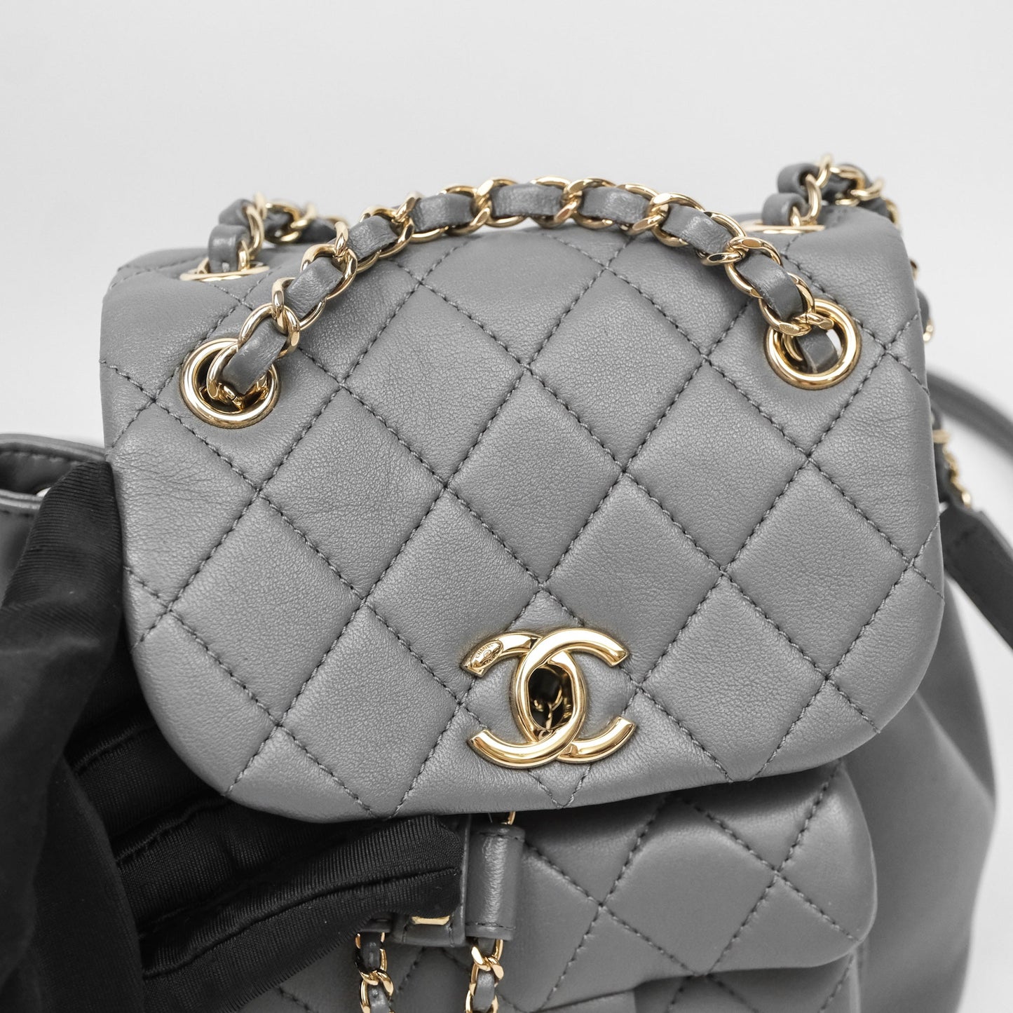 Chanel Small Duma Drawstring Backpack Grey Lambskin Gold Hardware