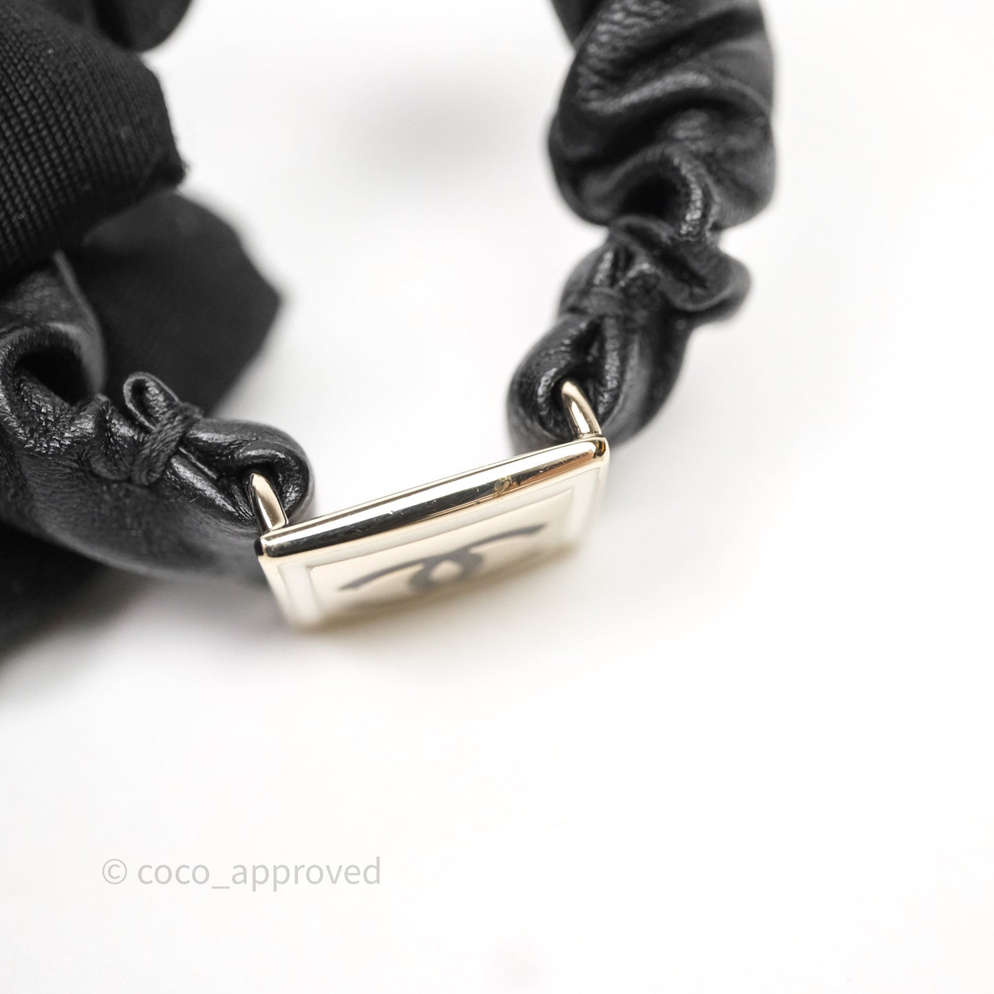 Chanel CC Black Leather Square Hair Accessory Gold Tone 21B