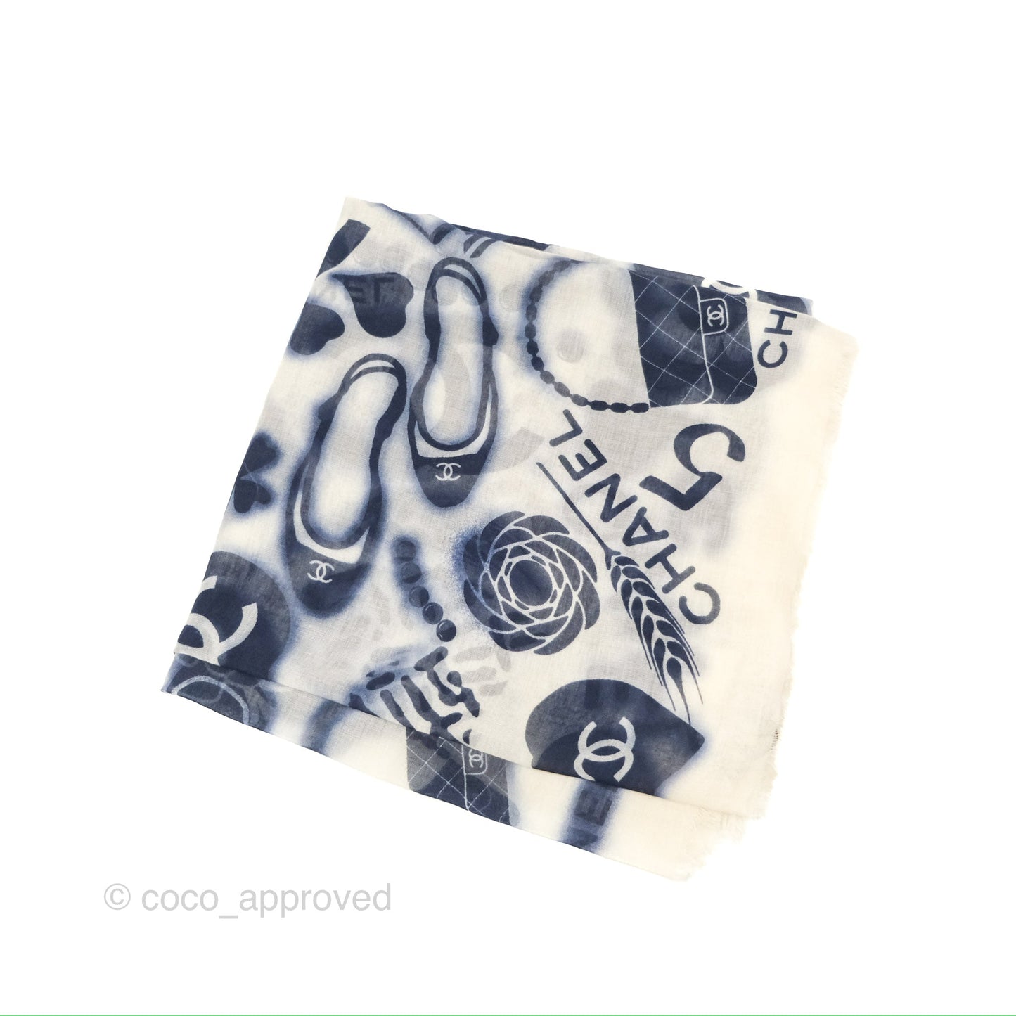 Chanel Square Cashmere Silk Scarf 140 Navy/White