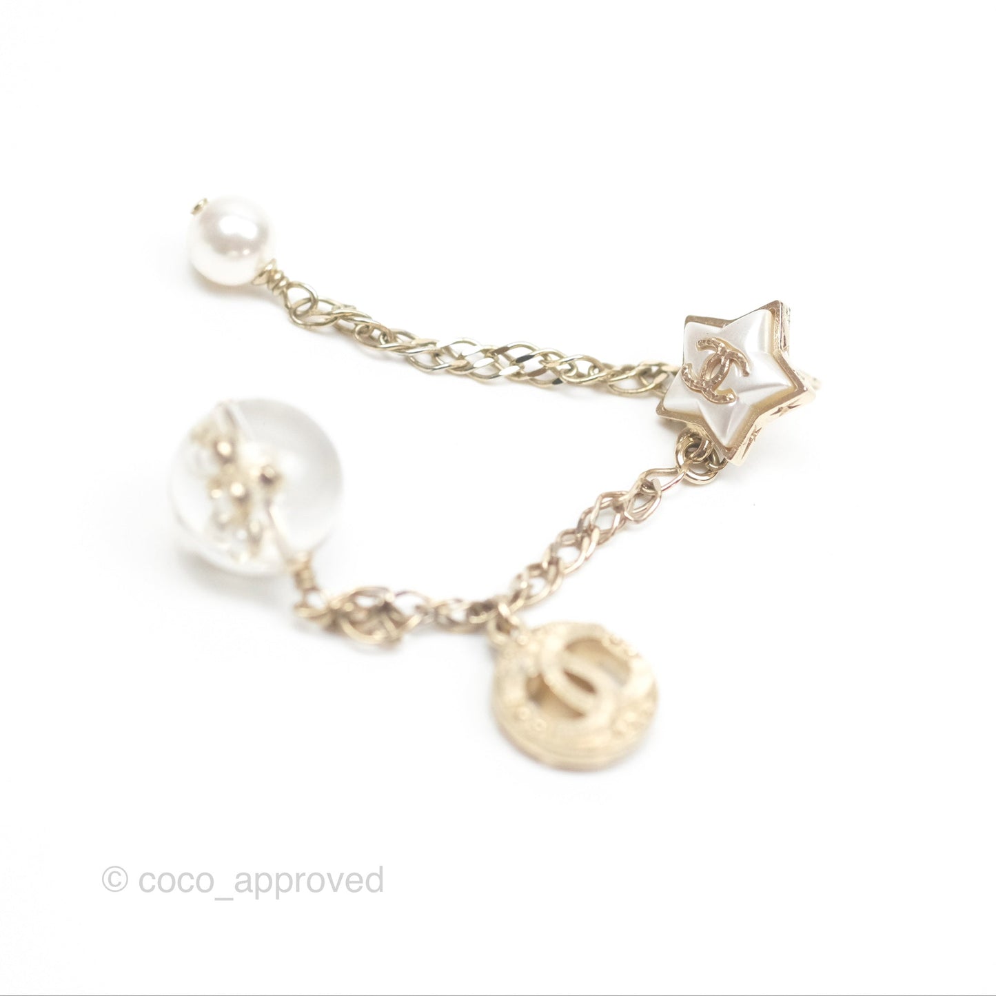 Chanel Star Crystal CC Pearl Ball Drop Earrings Gold Tone 19K