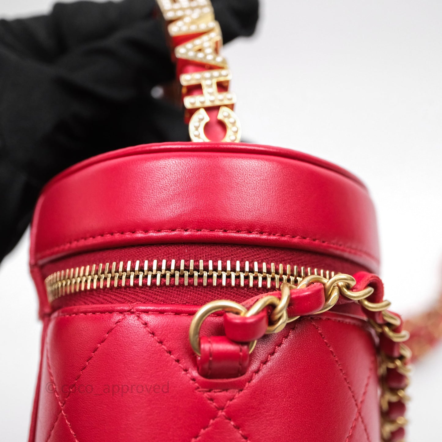 Chanel CC Vanity Case Red Calfskin Aged Gold Hardware