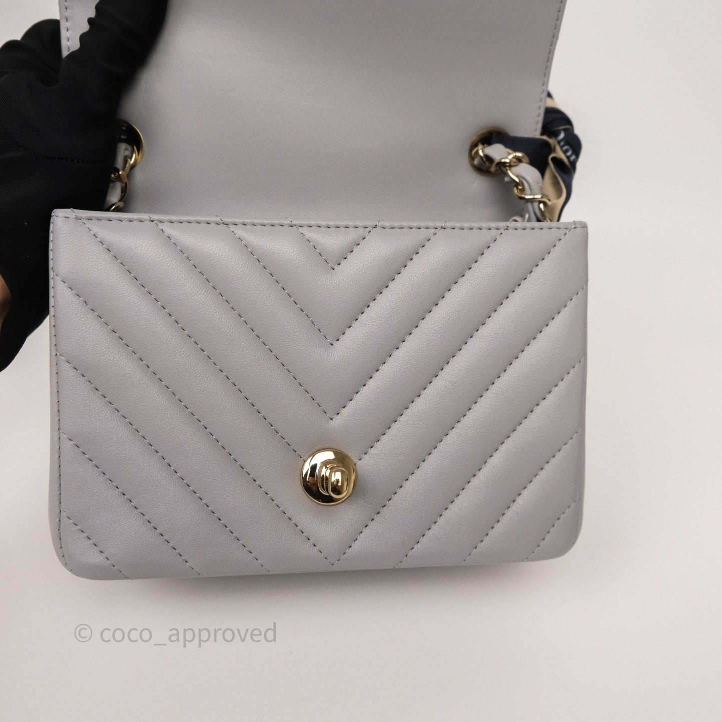 Chanel Mini Square Flap Chevron Grey Lambskin Gold Hardware
