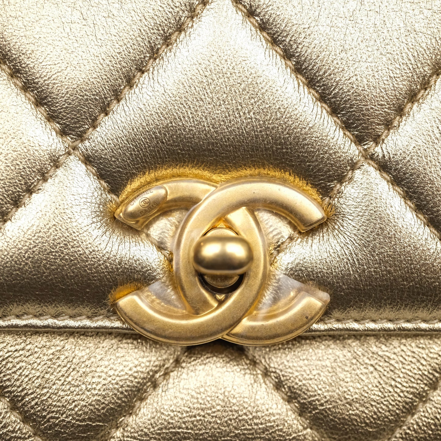 Chanel Mini Crystal Logo Handle Flap Bag Metallic Gold Lambskin 22S