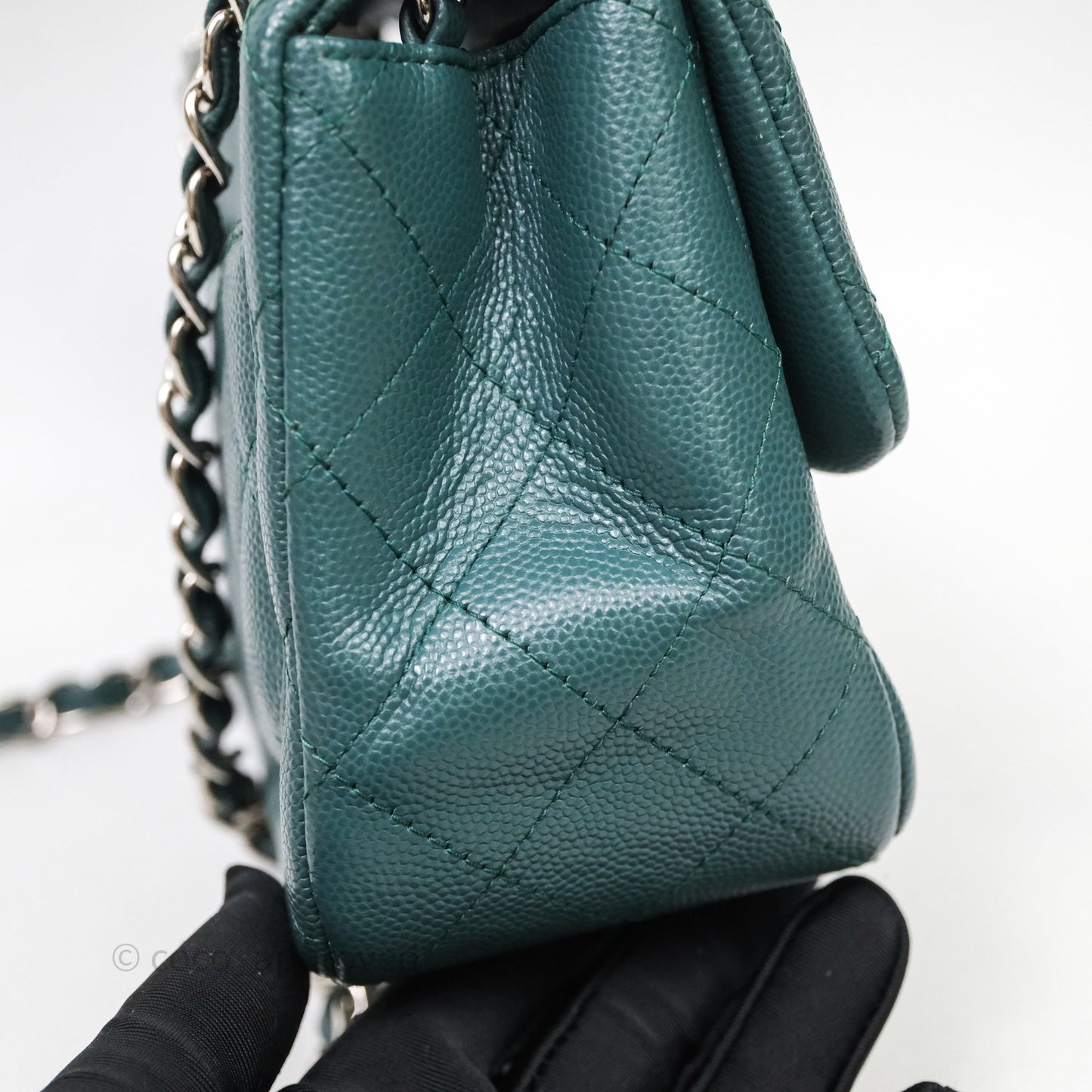 Chanel Quilted Mini Square Flap Dark Green Caviar Silver Hardware