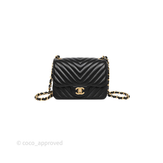 Chanel Mini Square Flap Chevron Black Lambskin Aged Gold Hardware