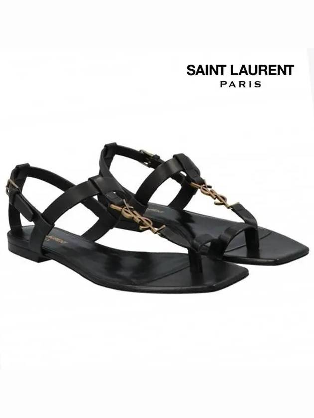 Luxury Saint Laurent Cassandra Smooth Leather Flat Sandals Black