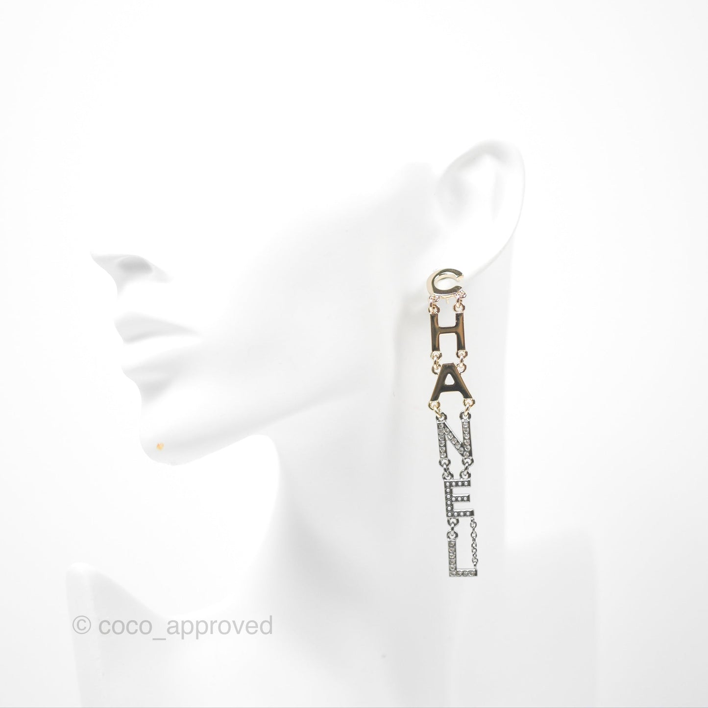 Chanel Logo Pearl Crystal Drop Earrings Gold & Silver Tone 20P