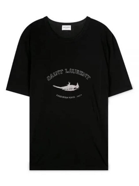 Luxury Saint Laurent Print Bird Round Short Sleeve T-Shirt Black