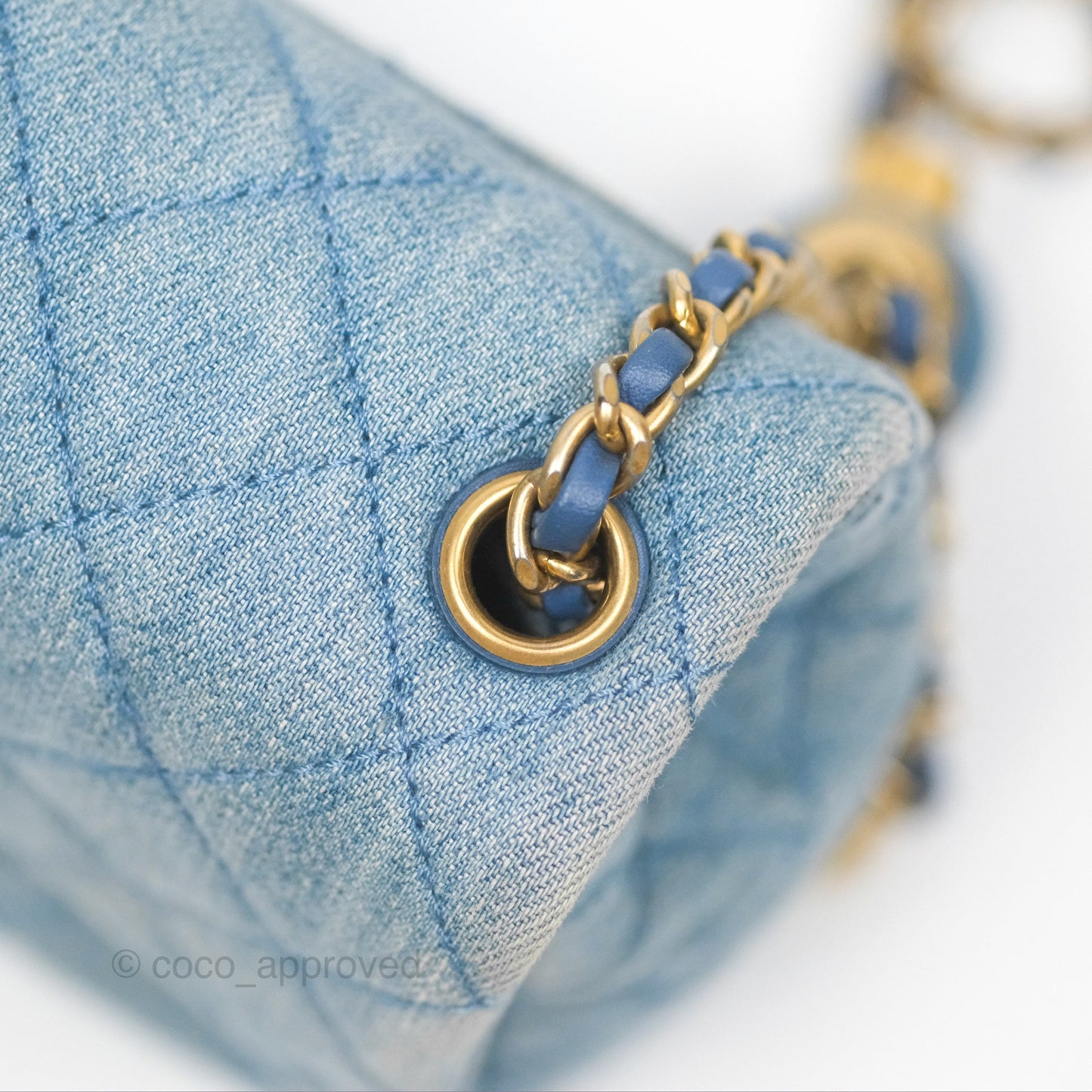 Chanel Mini Square Pearl Crush Quilted Denim Aged Gold Hardware
