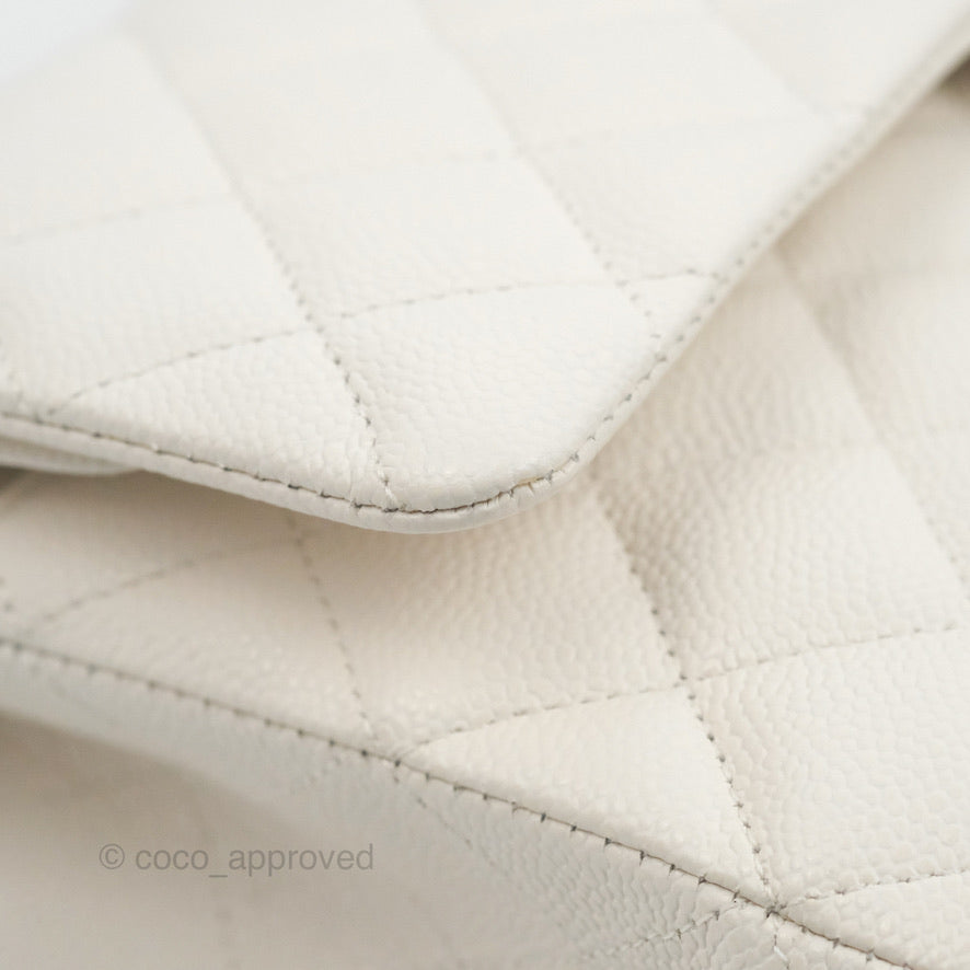 Chanel Classic M/L Medium Double Flap White Caviar Silver Hardware