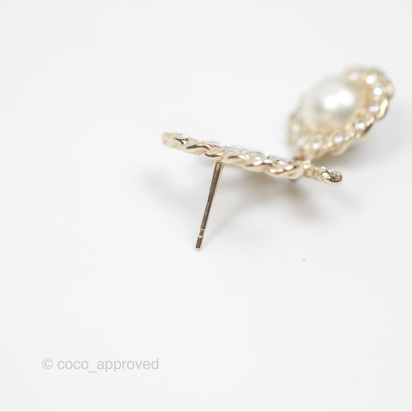 Chanel Crystal CC Pearl Drop Earrings Gold Tone 19P