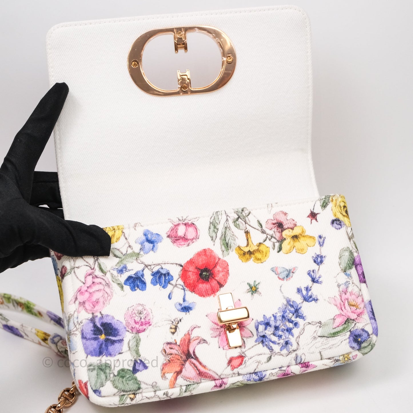 Dior Small Caro Bag White Florilegio Rose Gold Hardware