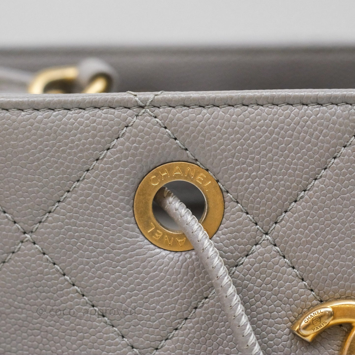 Chanel Drawstring Bucket Bag Grey Grained Calfskin Aged Gold Hardware
