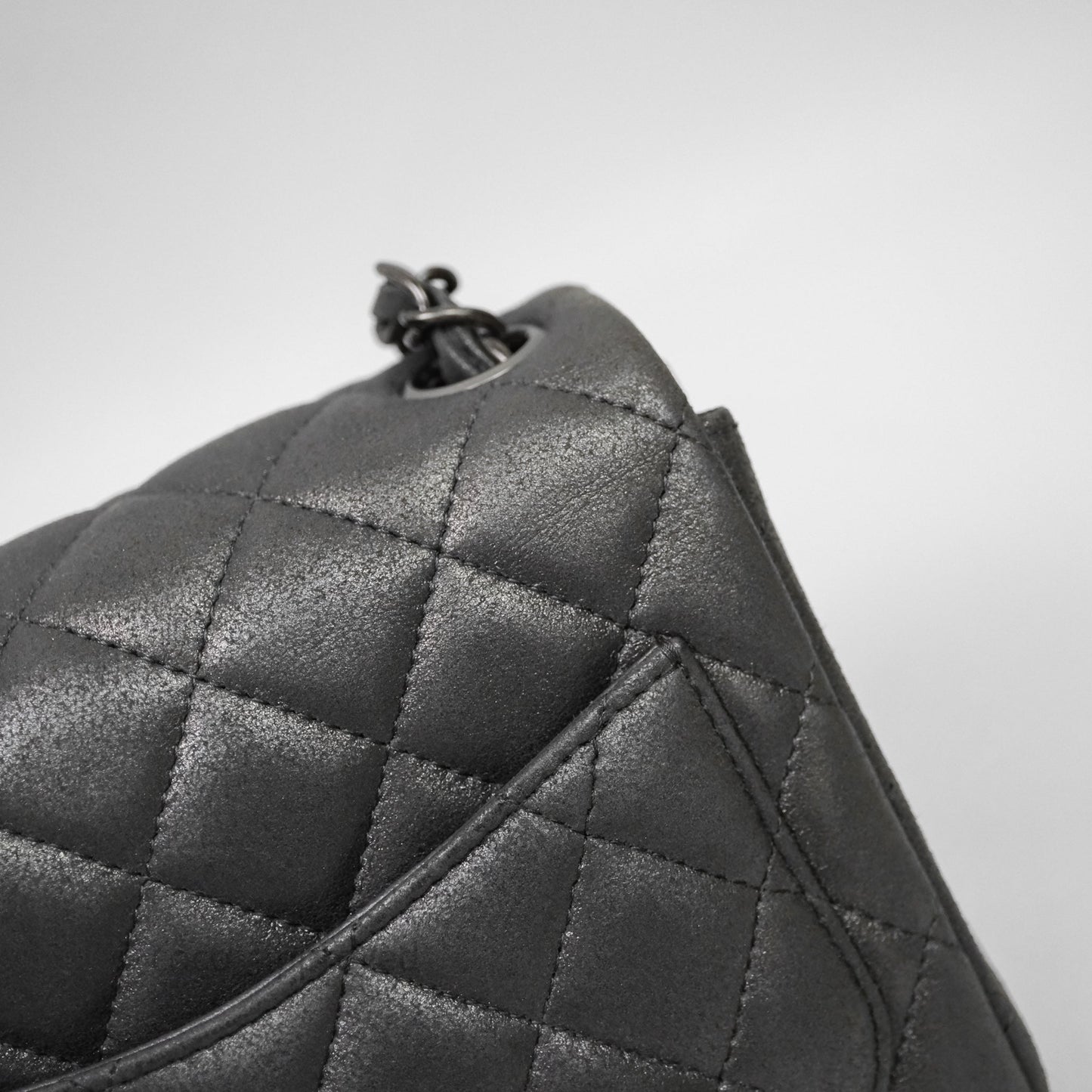 Chanel Mini Square Iridescent Grey Suede Gun Metal Hardware